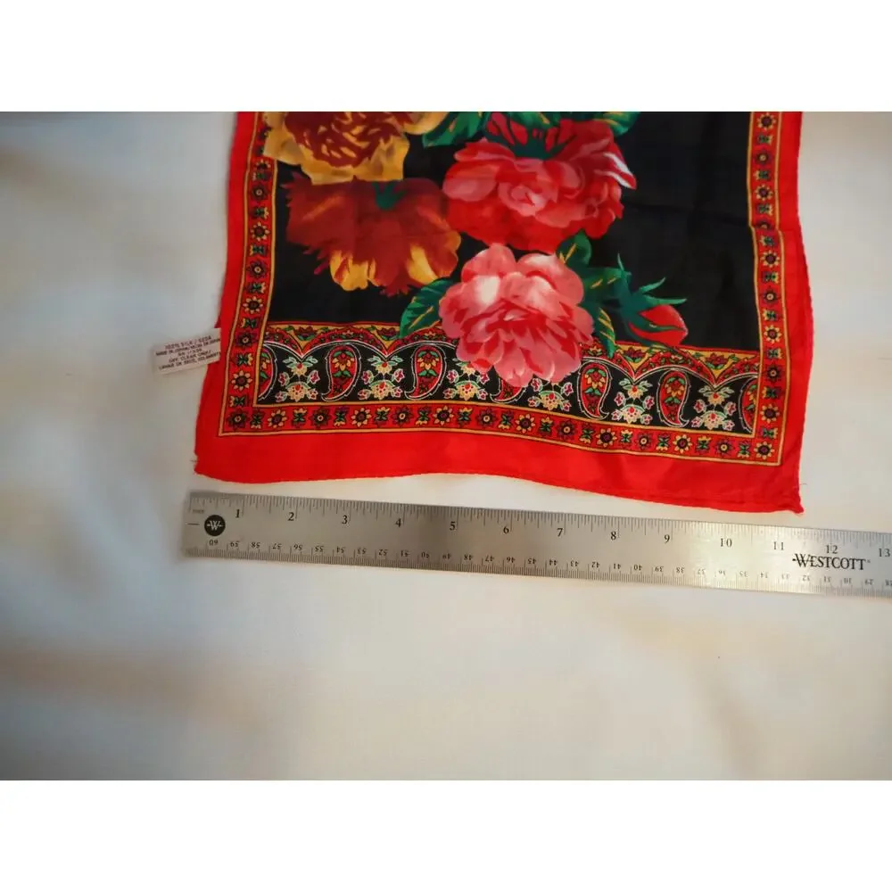 Vintage Worthington 100% Silk Scarf 48x12 Red Black Floral Rose Japan